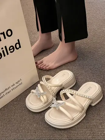 2023厚底拖鞋女夏外穿时尚水钻花朵法式小个子高跟沙滩鞋防滑凉拖商品大图