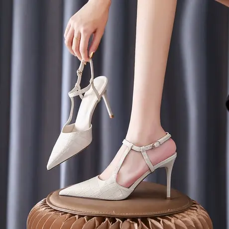 一字带尖头高跟鞋女细跟2023年春季新款法式气质浅口百搭职业单鞋商品大图