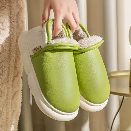 棉拖鞋女外穿冬季简约拼色加绒保暖厚底包跟防滑情侣室内居家棉鞋商品大图