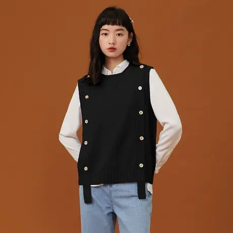 真维斯Z+女装 小众纽扣设计背心内搭衬衫叠穿圆领针织背心X图片