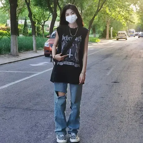 美式复古纯棉吊带运动坎肩背心无袖t恤女夏季外穿宽松篮球服上衣商品大图