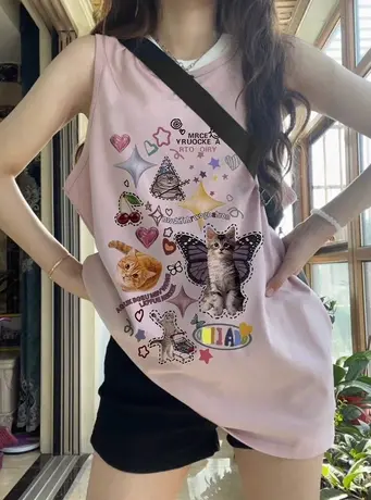 甜酷纯棉背心女夏季2023新款小个子外穿宽松中长款无袖t恤上衣ins图片