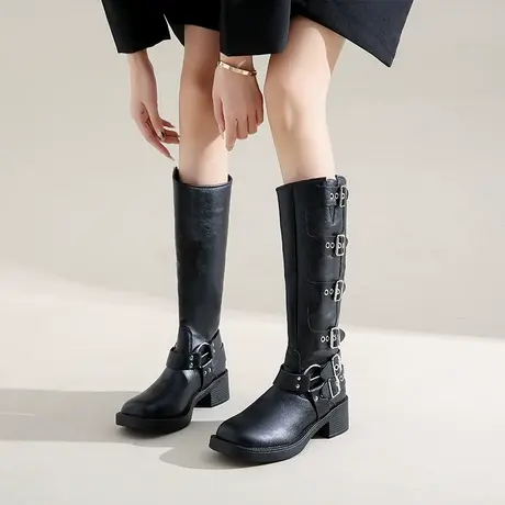 网红复古皮带扣高筒靴女2024秋冬方头朋克长筒靴粗跟牛仔骑士靴图片