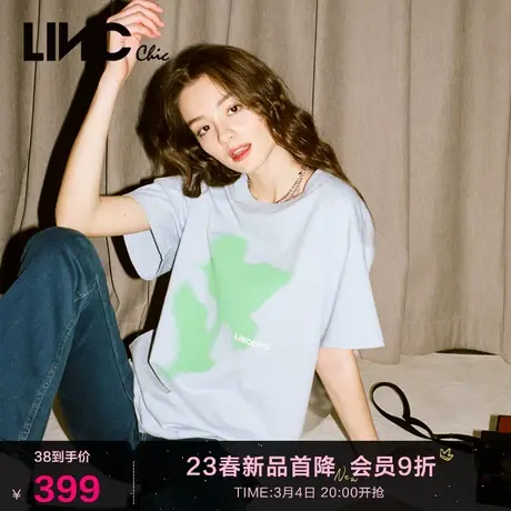 LINC金羽杰2023夏秋新款宽松圆领廓形印花T恤棉质短袖女S231TS078商品大图