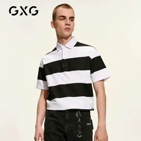 【新款】GXG男装 夏季黑白拼接条纹翻领POLO衫男士GC124657B商品大图
