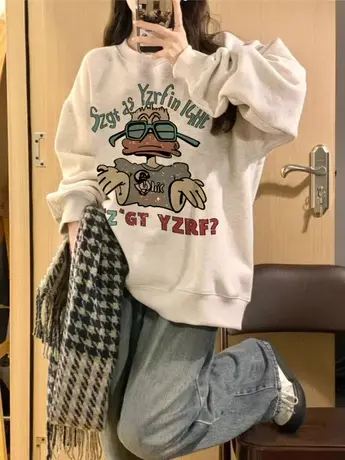 圆领卫衣女春秋季加绒加厚大码胖mm美式慵懒风宽松长袖上衣200斤商品大图