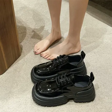 复古百搭小皮鞋女2024春季新款漆皮厚底增高单鞋英伦风粗跟乐福鞋商品大图
