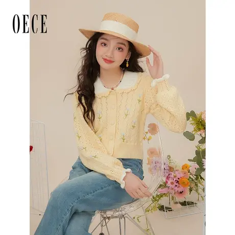 Oece早春新款上衣女2023年新款娃娃领针织衫开衫短款外套图片