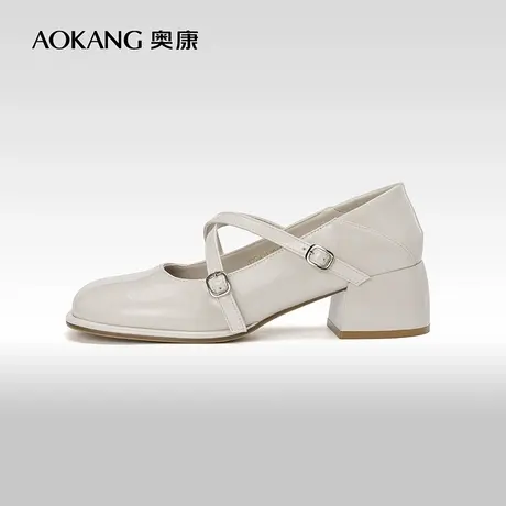 奥康女鞋 春秋季新款漆面绑带显腿细时尚方跟浅口玛丽珍单鞋女商品大图
