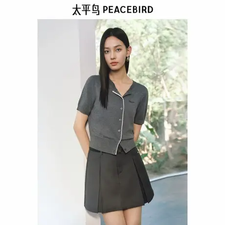 太平鸟桑蚕丝羊毛混纺针织开衫25夏季女士新款门襟撞色老钱风上衣商品大图
