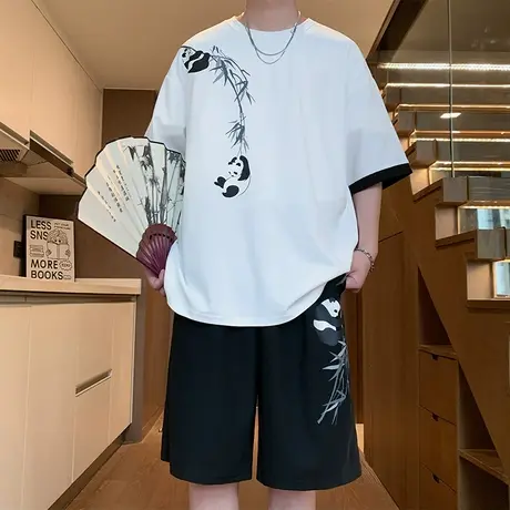 新中式短袖男夏季套装熊猫竹叶国风印花t恤短裤两件套青少年男装商品大图