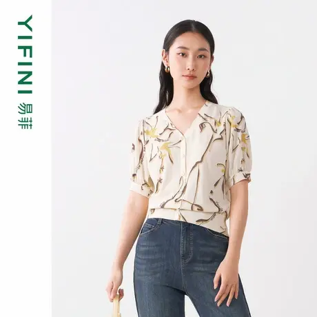 [专柜同款]Yifini/易菲印花泡泡袖宽松短款毛衫女V领假开襟针织衫商品大图