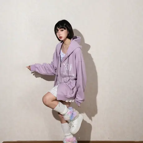 YEP复古奶油香芋印花连帽卫衣女春秋2025年新款宽松美式帽衫外套图片