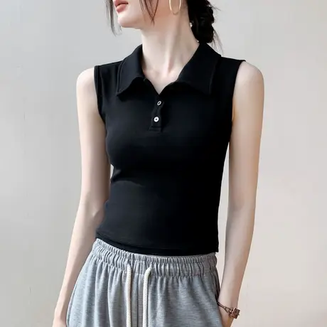 翻领纽扣挂脖无袖背心女夏季设计感外穿别致修身显瘦内搭打底衫商品大图