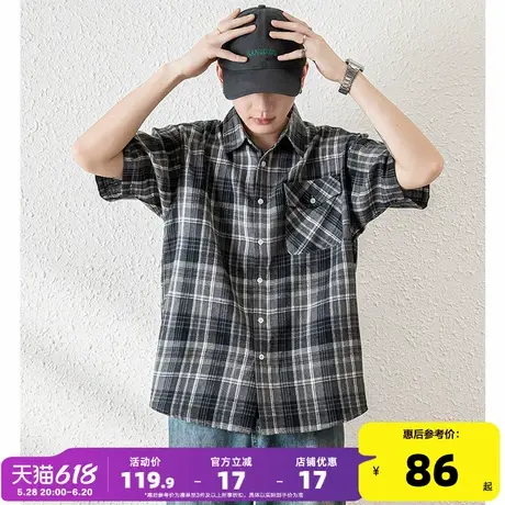 唐狮2025夏季新款短袖衬衫男格子宽松休闲港风百搭复古衬衣外套男商品大图