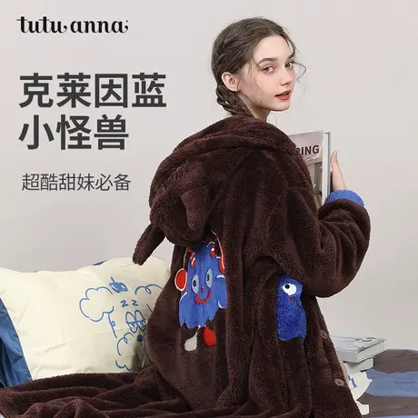 tutuanna秋冬珊瑚绒女士睡衣 怪兽贴布绣连帽超大版型睡袍家居服商品大图