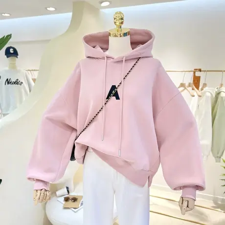 2023春秋新款简约刺绣字母短款宽松显瘦连帽卫衣女帽衫外套上衣潮商品大图