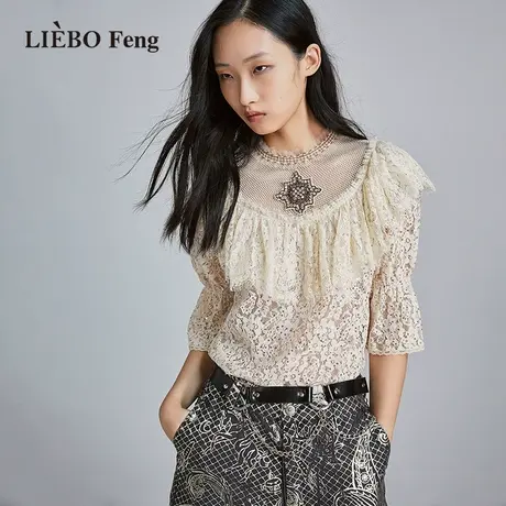 裂帛LIEBOFeng设计师品牌2023年法式珠片绣雪纺蕾丝衫中袖衬衫女图片