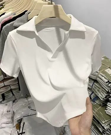 V领polo衫短袖正肩T恤女装夏季新款设计感甜辣妹短款修身别致上衣商品大图