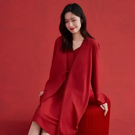 顶瓜瓜睡袍女款夏季纯棉长袖长裤睡衣家居服可外穿浴袍睡裙2件套商品大图