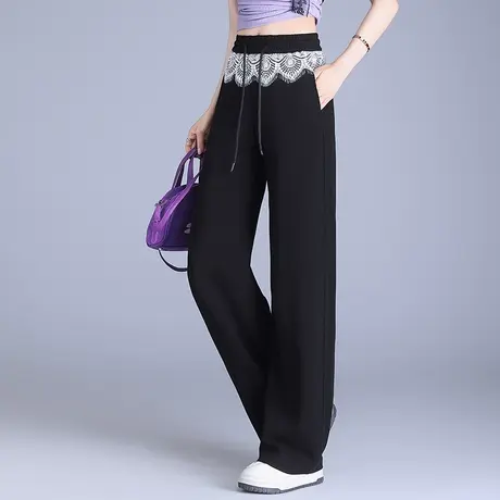 拉夏贝尔黑色蕾丝花边阔腿裤女夏2025年新高腰宽松冰丝直筒休闲裤商品大图