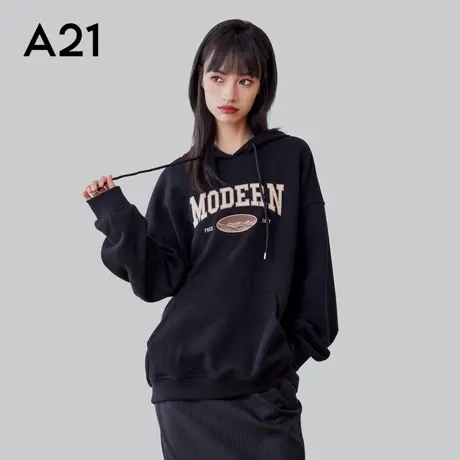 A21女装针织宽松连帽落肩长袖衫美式套头卫衣连帽衫休闲百搭卫衫图片