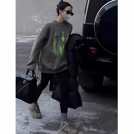 2025新款早秋薄款美式休闲灰色宽松长袖圆领套头卫衣女加绒上衣潮商品大图