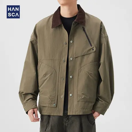 hansca秋季美式复古工装夹克男2025新款宽松撞色翻领口袋拼接外套商品大图