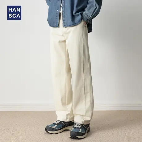 hansca秋季复古拼接纯棉休闲裤男士350g重磅2025新款宽松垂感长裤商品大图