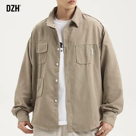 男士日系工装衬衫男长袖高级感2023新款纯色上衣休闲宽松衬衣外套商品大图