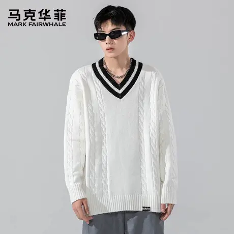 马克华菲学院风撞色V领毛衣男士秋季宽松毛线衣服潮牌套头针织衫图片