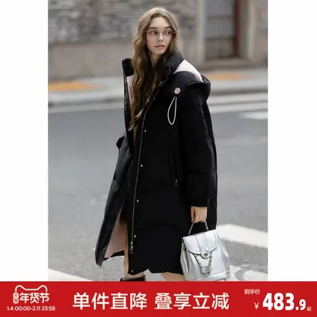 唐狮2026秋冬款长款羽绒服女连帽撞色拼接长款羽绒服高级感减龄图片