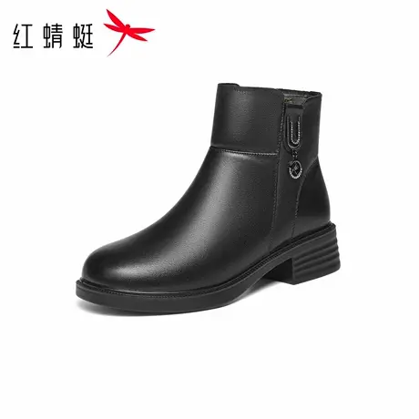红蜻蜓女靴冬季新款时尚短靴粗跟保暖加绒棉靴棉靴真皮保暖棉鞋商品大图