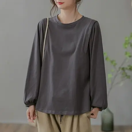 dza复古纯色全棉拼接上衣女士2023新款宽松T恤休闲圆领套头打底衫图片