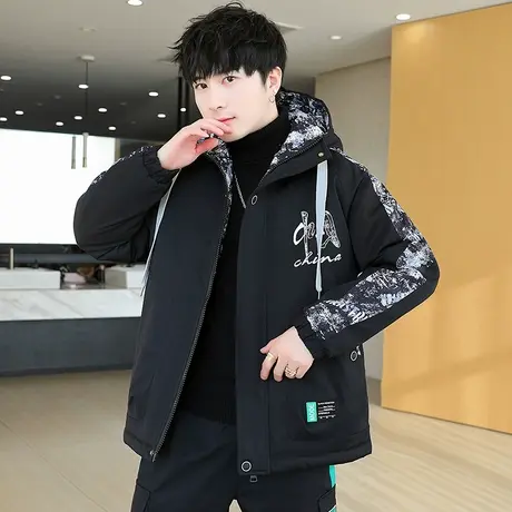 冬季新款加绒加厚夹克男青少年棉衣韩版潮流学生连帽保暖防寒棉服图片
