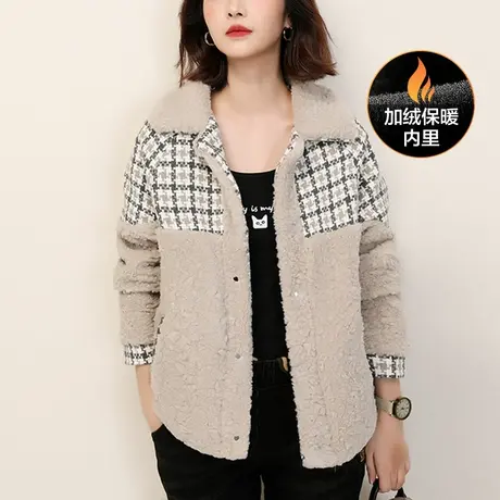 新品8.5折】小香风羊羔毛拼接短外套女千鸟格加绒上衣厚图片