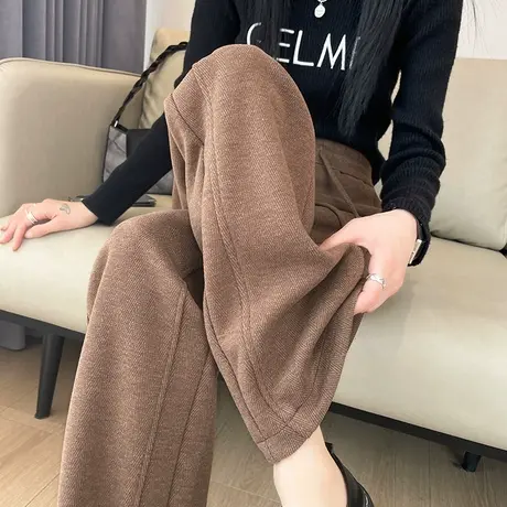 卡其色羊绒毛呢窄版阔腿裤女2023秋冬新款高腰垂感呢子直筒休闲裤商品大图