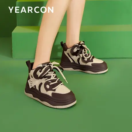 意尔康高帮鞋女2023年新款秋季拼色爆款厚底板鞋圆头系带休闲鞋女商品大图