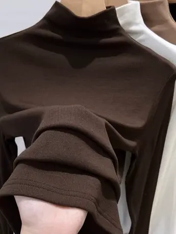 半高领打底衫女2023秋冬新款纯色内搭螺纹加绒美拉德百搭德绒上衣图片