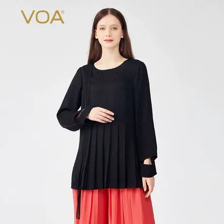VOA真丝提花神秘黑圆领长袖不对称设计撞料拼接百褶打底桑蚕丝T恤图片