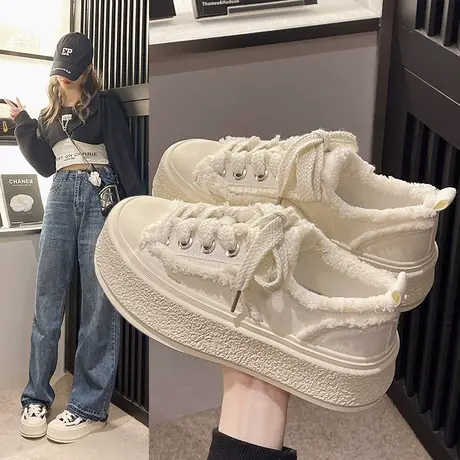 毛边小白鞋女厚底帆布鞋夏透气2023新款小香风增高松糕鞋学生板鞋图片