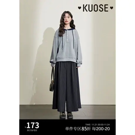 阔色撞色休闲连帽衫卫衣女2023秋冬新款宽松灰色套头长袖上衣图片