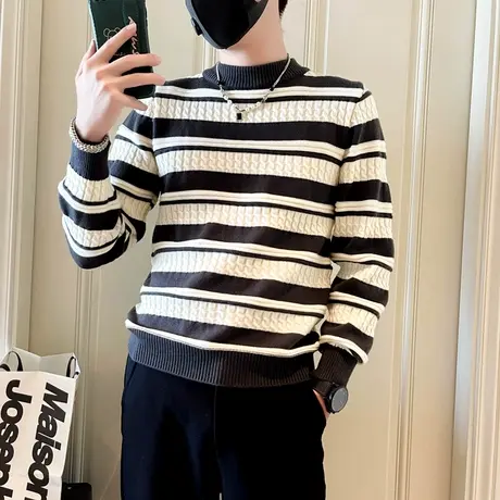 条纹毛衣男秋冬季2023新款撞色休闲轻熟风ins修身内搭毛线针织衫商品大图