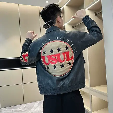 重磅美式高街刺绣贴标皮衣外套男春秋款潮牌街头短款机车夹克上衣图片