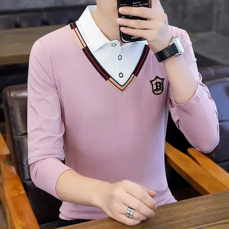 长袖T恤男春秋装薄款上衣衬衫领打底衫假两件卫衣纯棉POLO衫秋衣商品大图