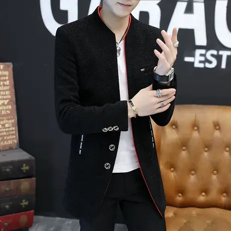 秋冬季立领帅气呢子大衣男士中长款潮牌新款加厚帅气个性风衣外套商品大图