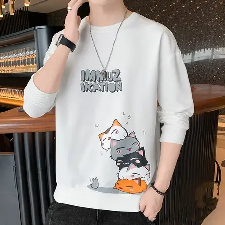 春秋季长袖t恤男士卫衣潮春装上衣服打底衫卡通印花学生圆领体恤商品大图