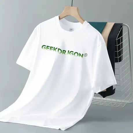 重磅纯棉短袖t恤男夏季宽松圆领白色上衣服全棉半袖印花美式体恤商品大图