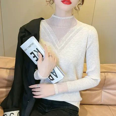 洋气蕾丝网纱半高领毛衣打底衫女内搭秋冬2023新款修身长袖针织衫图片