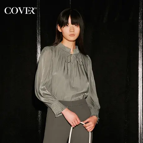 COVER秋季打揽捏褶泡泡袖系带衬衫图片